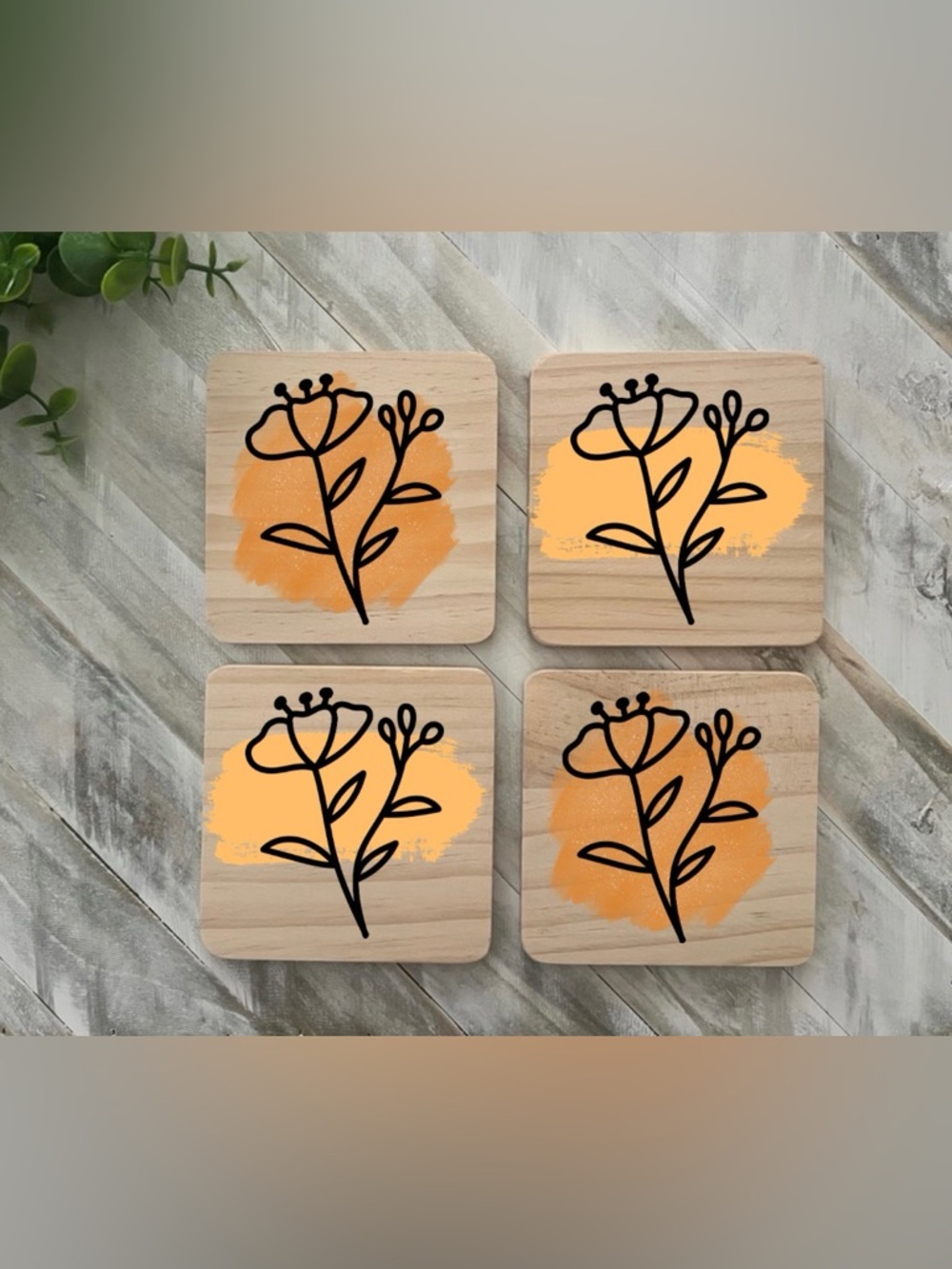 Set of 4 Floral Wood Coasters with Orange Accent